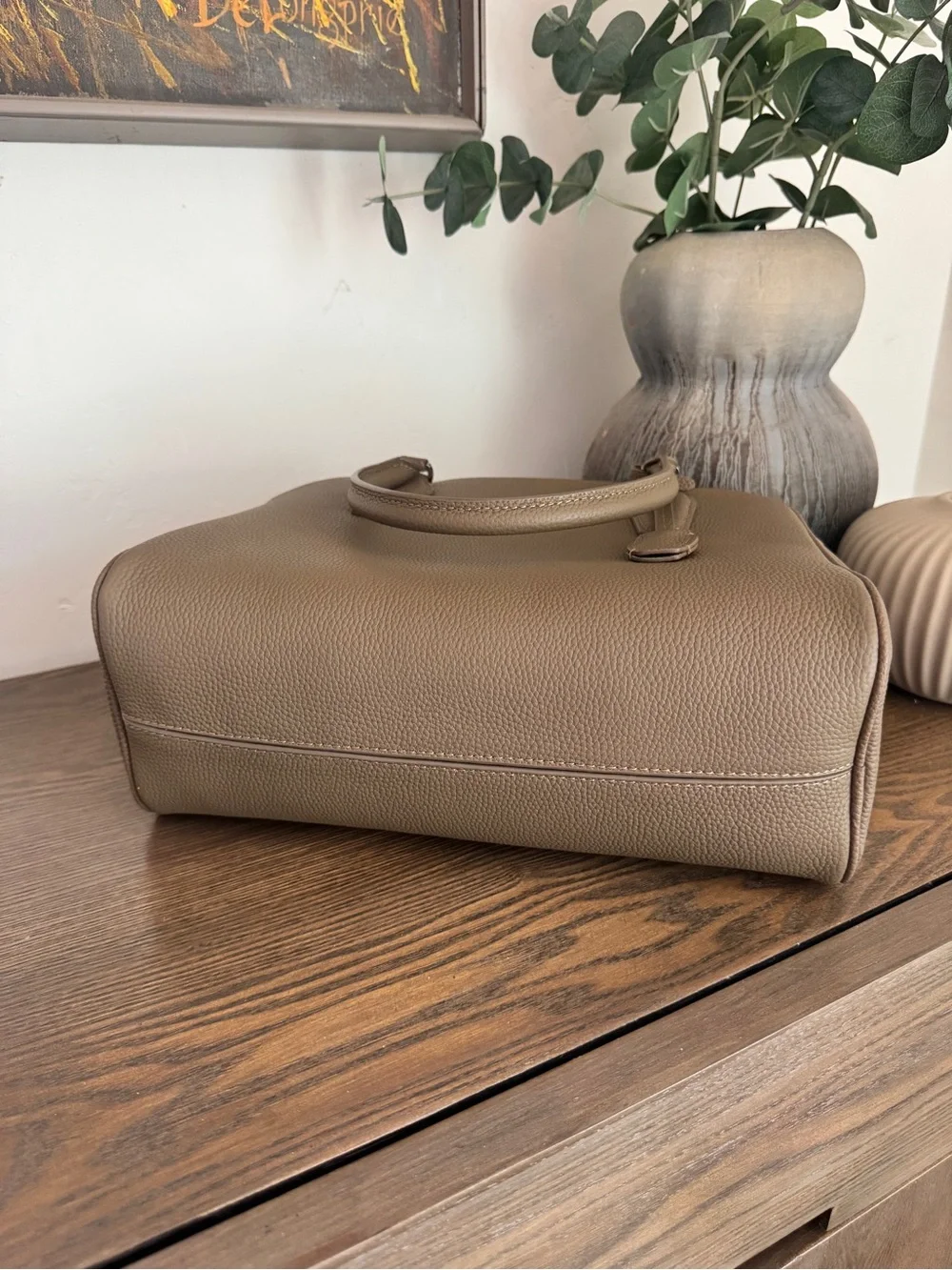 Structured Taupe Pebbled Leather Satchel